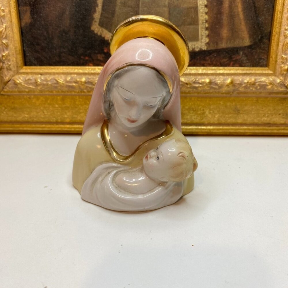 Vintage Virgin Mary Madonna Holding Baby Jesus Porcelain Head Signed